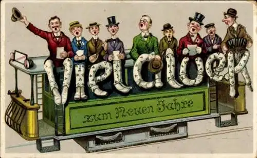 Litho Glückwunsch Neujahr, singende Männer, Straßenbahn