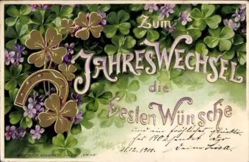 Präge Ak Glückwunsch Neujahr, Glücksklee, Blumen, Hufeisen