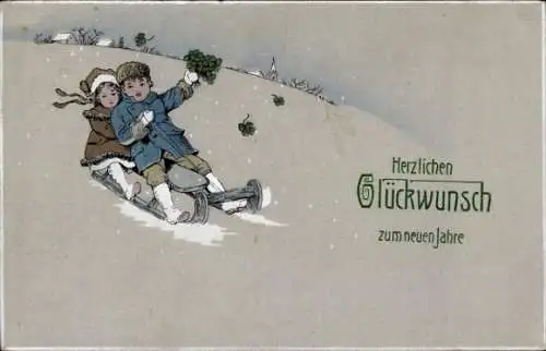 Ak Glückwunsch Neujahr, Kinder, Schlitten