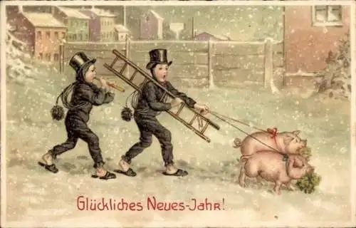 Litho Glückwunsch Neujahr, Schornsteinfeger, Klee, Schweine