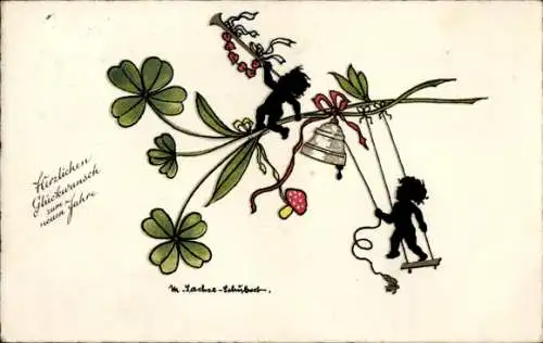 Scherenschnitt Ak Sachse Schubert, Prosit Neujahr, Engel, Glocke, Klee