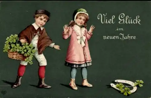 Präge Ak Glückwunsch Neujahr, Kinder, Hufeisen, Glücksklee