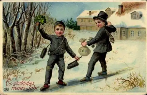 Litho Glückwunsch Neujahr, Klee, Schornsteinfeger