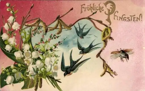 Litho Glückwunsch, Pfingsten, Maikäfer, Schwalben, Maiglöckchen