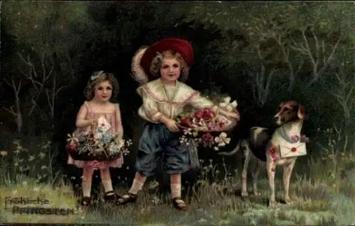 Präge Ak Glückwunsch Geburtstag, Kinder mit Blumenkörben, Hund mit Glückwunschbrief