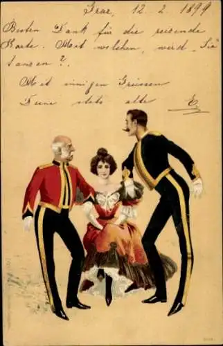 Litho Frau mit zwei Verehrern, Liebe