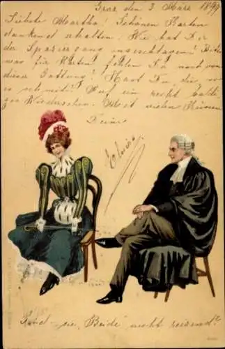 Litho Liebespaar, Frau mit Gehstock, Kleid, Hut, Mann mit Perücke