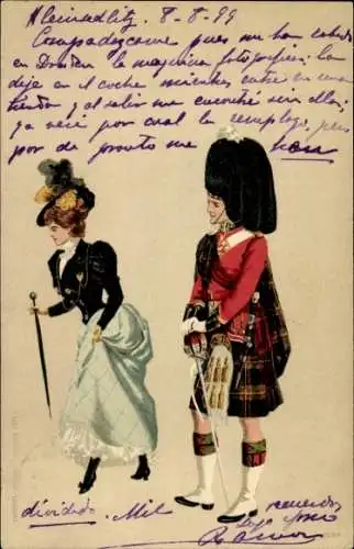 Ak Schottischer Soldat in Uniform, Schottische Tracht, Noble Frau