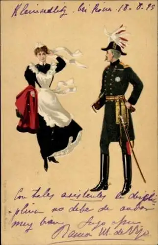 Litho Liebespaar, Zimmermädchen und Soldat in Uniform