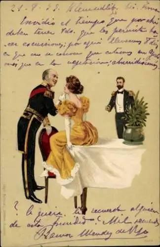 Litho Liebespaar, Soldat in Uniform, Frau auf Tisch sitzend