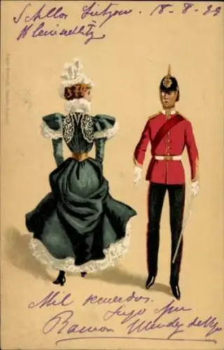Litho Liebespaar, Frau in grünem Kleid, Hut, Soldat in Uniform