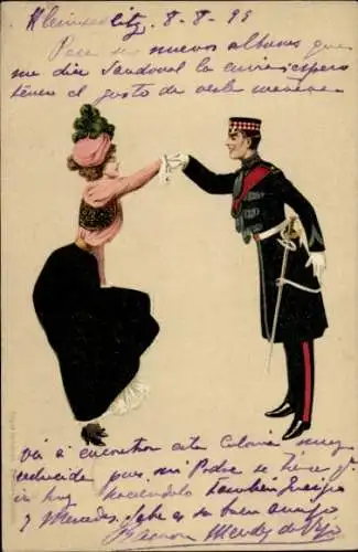 Litho Liebespaar, Begrüßung, Mann in Uniform, Säbel