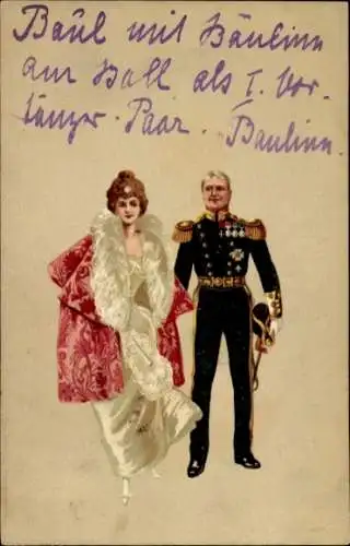 Litho Liebespaar, Soldat in Uniform, Frau in weißem Kleid