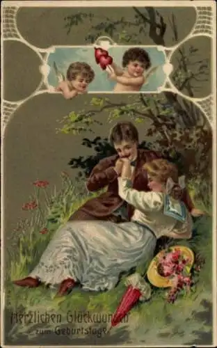 Präge Litho Glückwunsch Geburtstag, Liebespaar, Amor