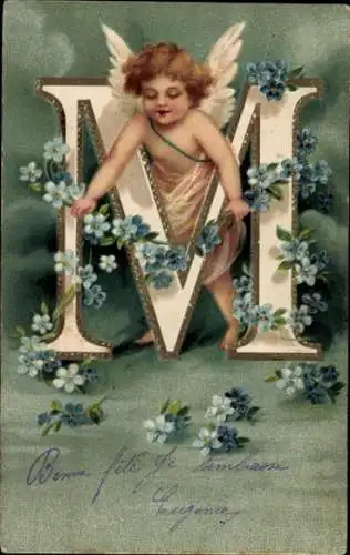 Präge Buchstaben Ak Buchstabe M, Vergissmeinnicht, Engel