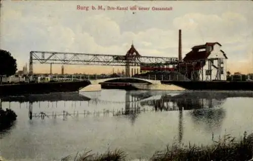 Ak Burg bei Magdeburg, Ihle-Kanal, neue Gasanstalt