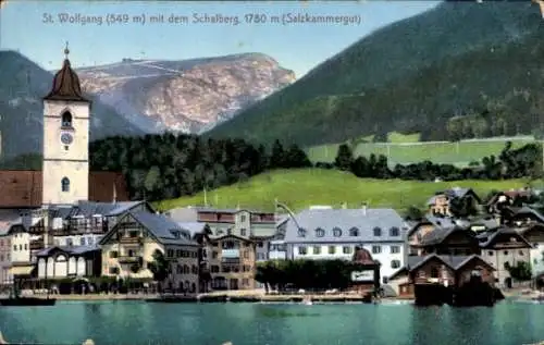 Ak St. Wolfgang am Wolfgangsee Oberösterreich, Blick auf  Schafberg, Häuser am See, Berge im Hint