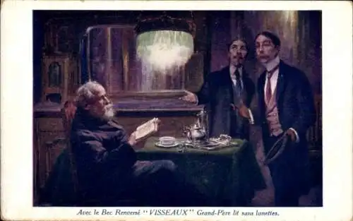 CPA Reklame, Avec le Bec Renverse Visseux, Grand-Pere lit sans lunettes