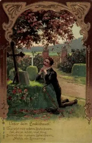 Präge Ak Unter dem Lindenbaum, Mann am Grab