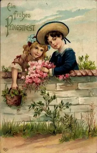 Litho Pfingsten, Kinder, Blumen