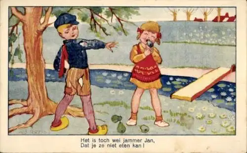 Künstler Ak Ruting, Junge mit Loch an seiner Hose, Lachendes Mädchen