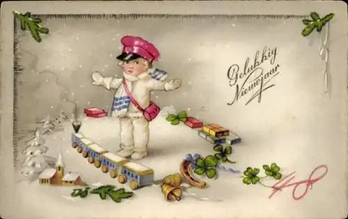 Ak Glückwunsch Neujahr, Mädchen, Eisenbahn, Glücksklee