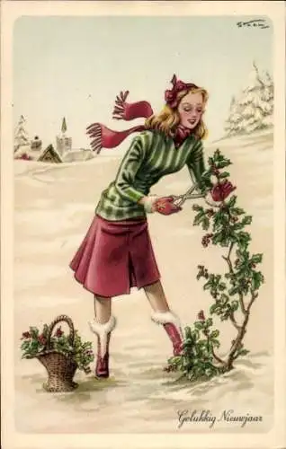 Künstler Ak Steen, Glückwunsch Neujahr, Frau, Stechpalme, Korb
