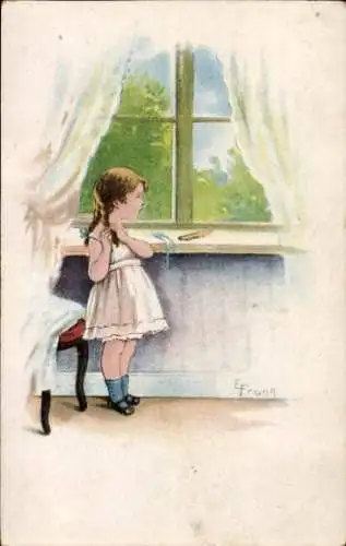 Künstler Ak Frank E., Mädchen in weißem Kleid, Fenster, Zöpfe