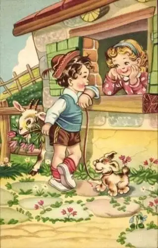 Ak Kinder, Gespräch, Mädchen am Fenster, Hund, Ziege