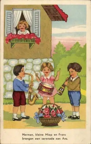 Ak Glückwunsch, Musizierende Gratulanten, Trommel, Saxofon