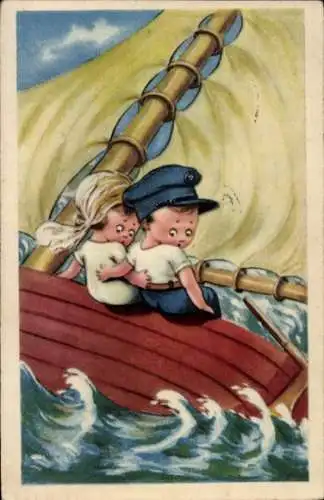 Ak Kinder im Segelboot, Stürmisches Meer