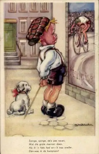 Künstler Ak Junge bewundert einen Radsportler, Hund