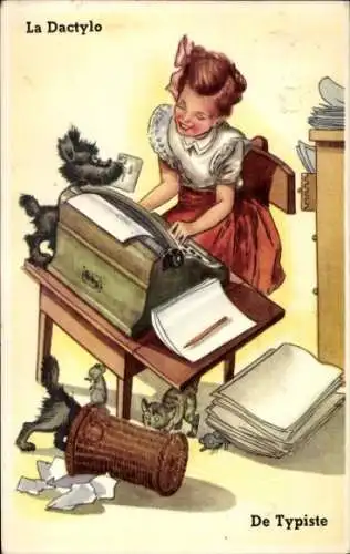 Ak Frau arbeitet an Schreibmaschine, Unterlagen, Katze, Hund, Mäuse