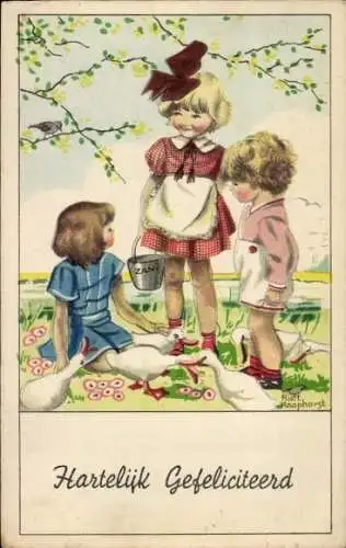 Künstler Ak Raaphorst, R., Glückwunsch, Kinder, Gänse, Eimer