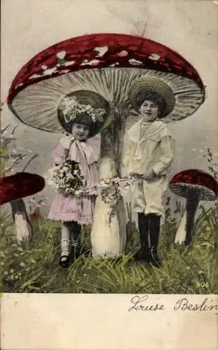Ak Kinder unter Fliegenpilz, Blumen