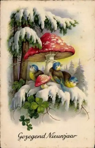 Ak Glückwunsch Neujahr, Pilz, Glücksklee, Vögel, Tannenbaum