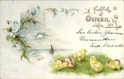Litho Ostern, Küken, Segelboot