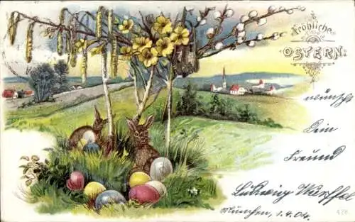 Litho Glückwunsch Ostern, Osterhasen, Ostereier
