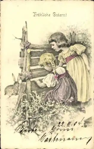 Litho Glückwunsch Ostern, Mädchen am Zaun, Osterhase