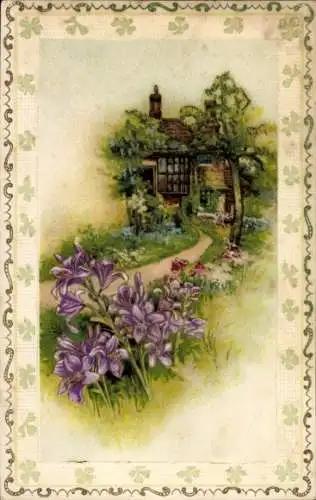 Präge Ak Blumen Haus, Baum, Wiese, Kitsch