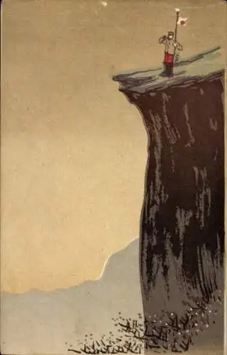 Künstler Ak Japan, Klippe, Soldat mit Fahne