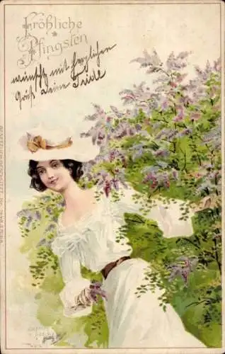 Künstler Litho Glückwunsch Pfingsten, Frau in weißem Kleid, Flieder