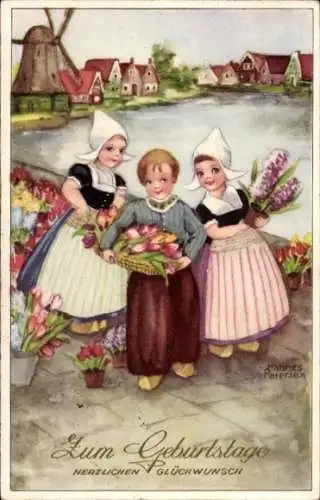 Künstler Ak Petersen, H., Glückwunsch Geburtstag, Kinder in niederländischen Trachten, Blumen
