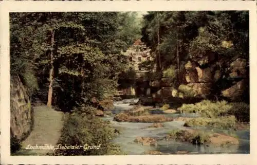 Ak Liebethal Pirna in Sachsen, Lochmühle im Liebethaler Grund, Naturaufnahme mit Fluss, Felsen...