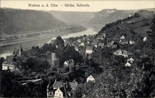 Ak Wehlen an der Elbe Sächsische Schweiz, Panoramablick auf Wehlen, Elbe, Häuser, Hügel