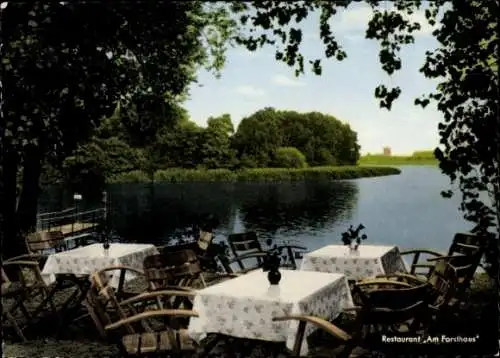 Ak Berlin Reinickendorf Tegel, Restaurant am Forsthaus, Außenterrasse, See