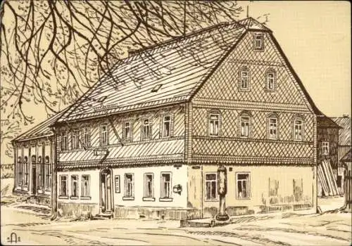 Ak Silberstraße Wilkau Haßlau in Sachsen, Gasthof OberhaBlau, Federzeichnung, detailreiche Archit