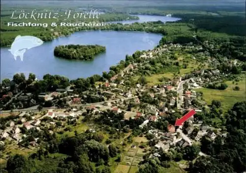 Ak Löcknitz in Vorpommern, Luftaufnahme von  Seen, Orte, Fischfang & Räucherei