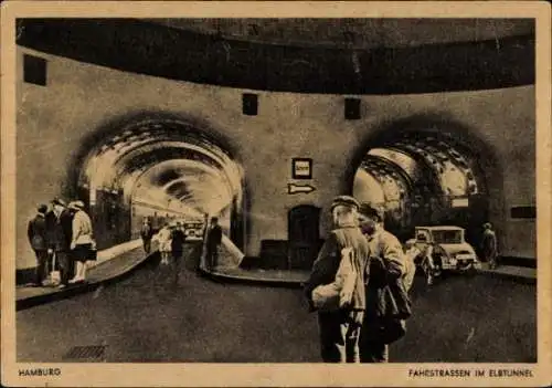 Ak Hamburg Mitte Altstadt, Fahrstraßen im Elbtunnel,  Architektur, Menschen im Tunnel, Autos