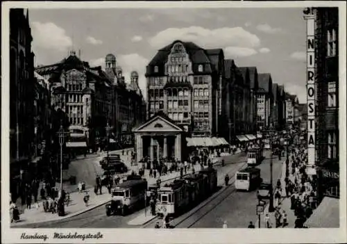 Ak Hamburg Mitte Altstadt, Mänckebergstraße,  Architektur, Straßenbahnen, Menschenmenge